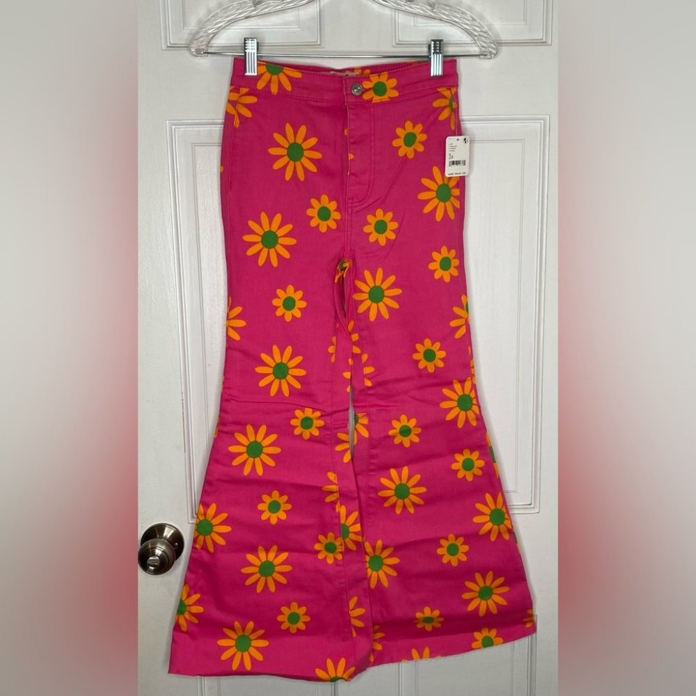 63) NWT Free People YouthQuake Pink Orange Floral Printed Crop Hipster Jeans - Picture 6 of 8
